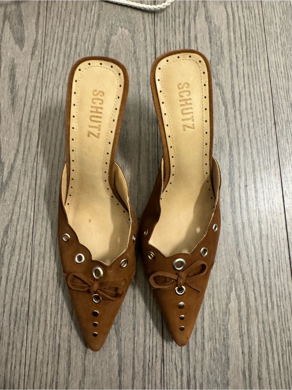 SCHUTZ Brown Suede Pointed Toe Mules with Eyelet & Bow